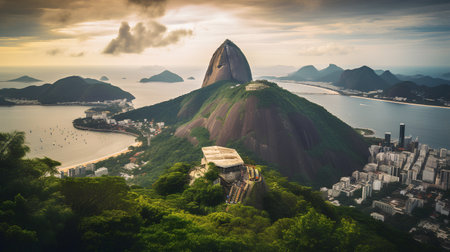 Panoramic aerial view of Sugarloaf Mountain in Rio de Janeiro, Brazilの素材