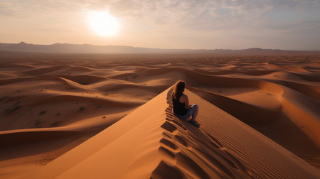 Young woman sitting on sand dune in the Sahara desert, Moroccoの素材