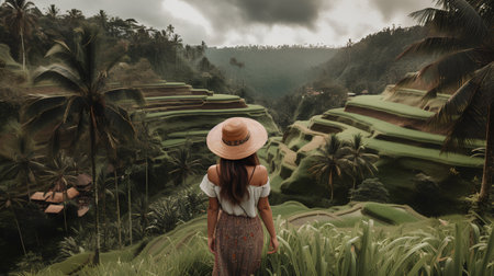 Beautiful girl in a hat on a background of green rice terracesの素材