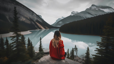Beautiful young woman in red sweater sitting on the edge of a cliff and looking at turquoise lake in Banff National Park, Alberta, Canadaの素材