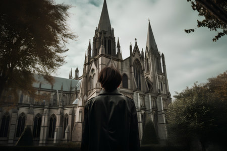 A young man standing in front of a church looking at the skyの素材