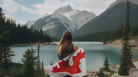 Back view of young woman with Canadian flag on the background of mountain lakeの素材