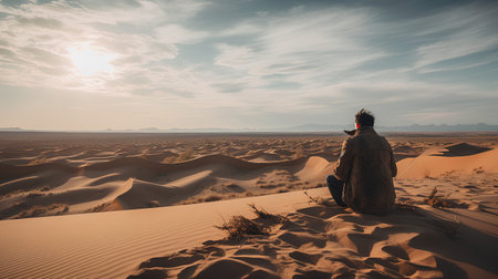 Man sitting on sand dune in Sahara desert. Morocco, Africaの素材