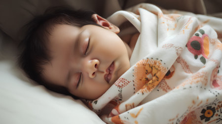 Portrait of a cute Asian baby girl sleeping on the bed.の素材