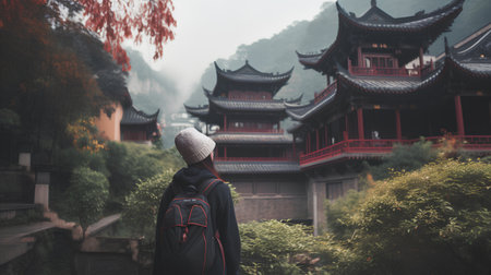 A woman with a backpack and a hat looking at a chinese templeの素材