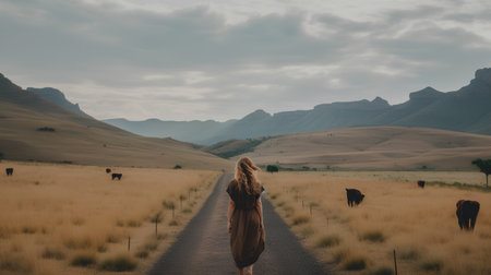 Young woman standing on the road and looking at cows in the fieldの素材