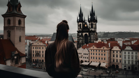 Young woman looking at the old town of Prague, Czech Republic.の素材