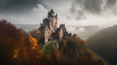 Fantasy landscape with medieval castle in autumn forest. 3d renderingの素材