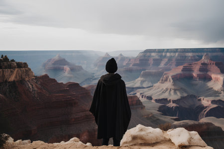 Hooded man looking at the Grand Canyon, Arizona, USAの素材