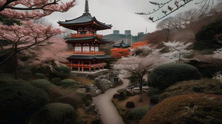 Japanese garden with cherry blossom trees and pagoda in Tokyo, Japanの素材