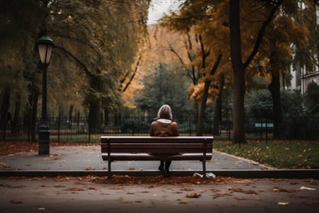 Back view of a woman sitting on a bench in an autumn parkの素材