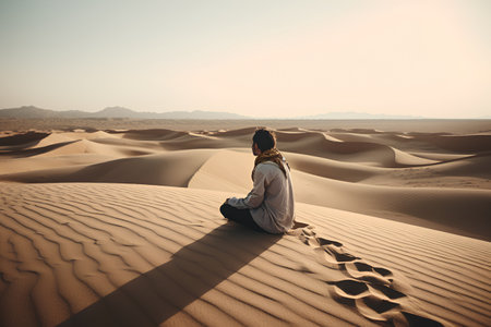 Young woman sitting on the sand dune in the Sahara desert, Moroccoの素材