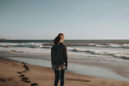 Young woman standing on the beach and looking at the sea in autumn.の素材