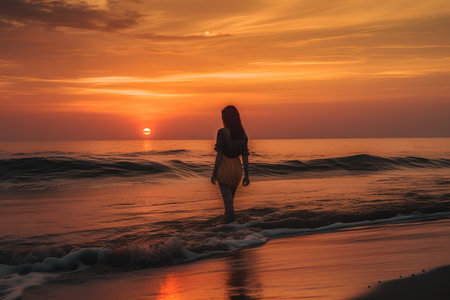 Silhouette of a young woman walking on the beach at sunsetの素材
