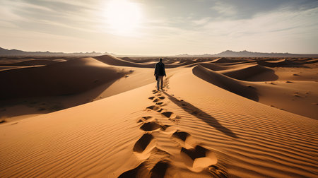 Man walking in the desert with footprints in the sand at sunset.の素材
