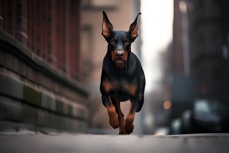 Doberman Pinscher dog running in the city street.の素材