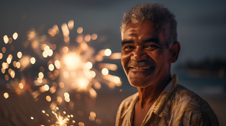 Portrait of happy senior man with sparklers on the beach at sunsetの素材