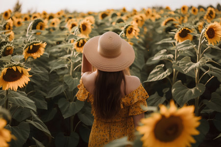 Young woman in yellow dress and hat standing in sunflower field.の素材