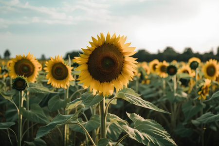 Sunflower field at sunset in summer. Vintage style toned pictureの素材