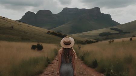Young woman in cowboy hat and dress walking on road in the mountainsの素材