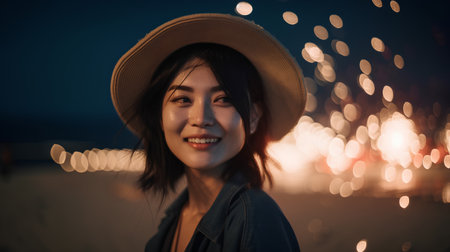 Portrait of a beautiful asian girl on the beach at nightの素材