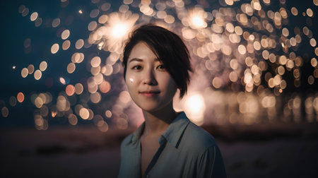 portrait of young asian woman with bokeh background at nightの素材