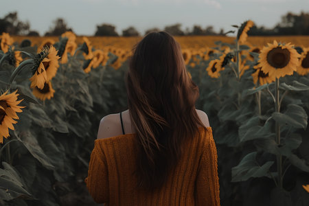 Back view of young woman in yellow sweater standing in sunflower field.の素材