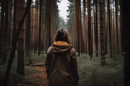 A young woman in a pine forest looking up into the sky.の素材