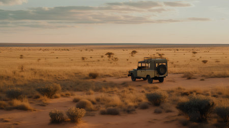 A jeep in the middle of the savannah in Namibiaの素材