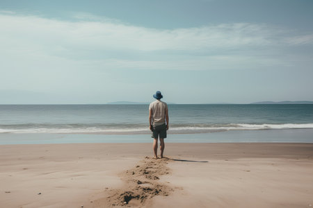 Man standing on the beach and looking at the sea with blue skyの素材