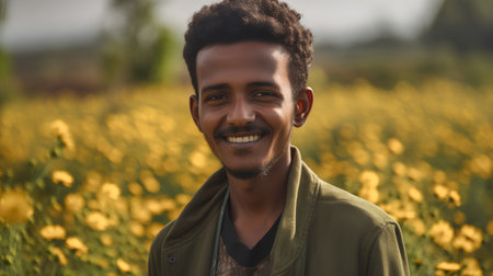 Portrait of a handsome young African man smiling in a yellow flower fieldの素材