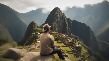 Man in hat looking at Machu Picchu ruins, Peru.の素材