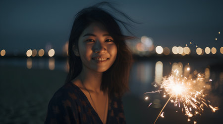 Beautiful young asian woman with sparklers on the beach at nightの素材