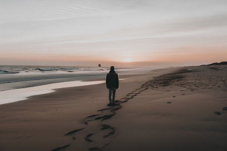 Woman walking on the beach in the evening, looking at the seaの素材