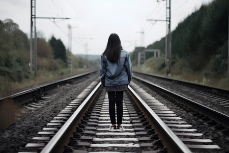 Rear view of a young woman standing on a railroad track.の素材