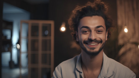Portrait of a smiling young man looking at camera while standing indoorsの素材