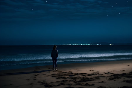 Young woman standing on the beach at night with starry sky.の素材
