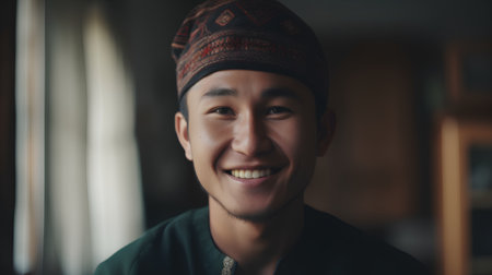 Portrait of a young asian muslim man smiling and looking at cameraの素材