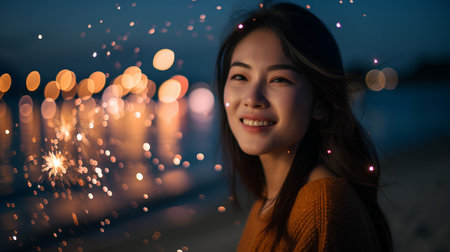 Portrait of a beautiful young asian woman with sparklers on the beachの素材