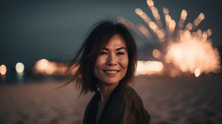 Portrait of a beautiful asian woman with fireworks in the backgroundの素材