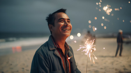 Asian man holding a sparkler on the beach at sunset time.の素材