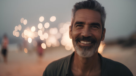 Portrait of handsome middle-aged man smiling at the beach.の素材