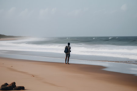 Man walking on the beach in a foggy day with a backpackの素材