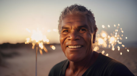 Portrait of happy senior man with sparklers on the beach at sunsetの素材