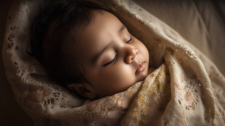 Cute asian baby girl sleeping under a blanket, close upの素材