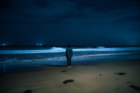 Young woman standing on the beach and watching the ocean at night.の素材