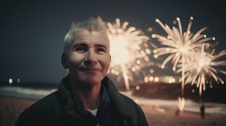 Portrait of senior man with fireworks on the background of the seaの素材
