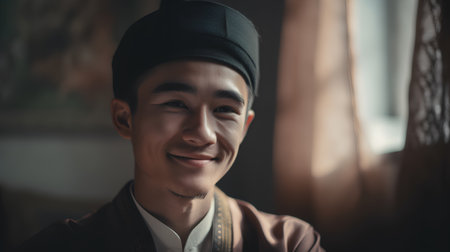 Portrait of a young asian muslim man in traditional clothesの素材