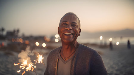 Portrait of happy senior man with sparklers on the beach at sunsetの素材