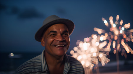Portrait of a man with a hat and fireworks in the backgroundの素材